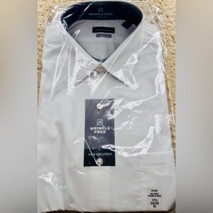 Van Heusen Men’s Fitted Wrinkle-Free Poplin Dress Shirt – White (17½ 34/35, XL)